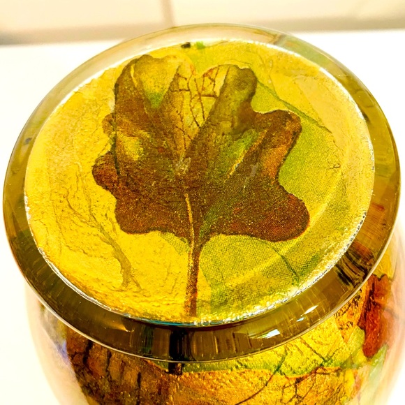 Decoupaged Fall Autumn Glass Vase Early ‘90s Leaves Large Vintage 11 x 6 Inches - Picture 3 of 10